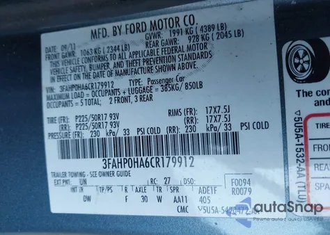 2012 Ford Fusion Se from USA, damaged, VIN 3FAHP0HA6CR179912
